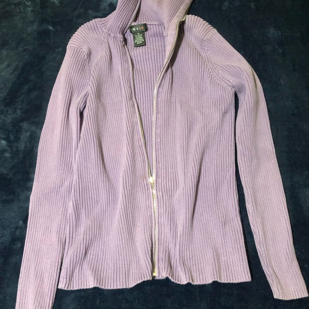 EVIE Lavender Lilac Ribbed Full Zip Cardigan Sweater Size M